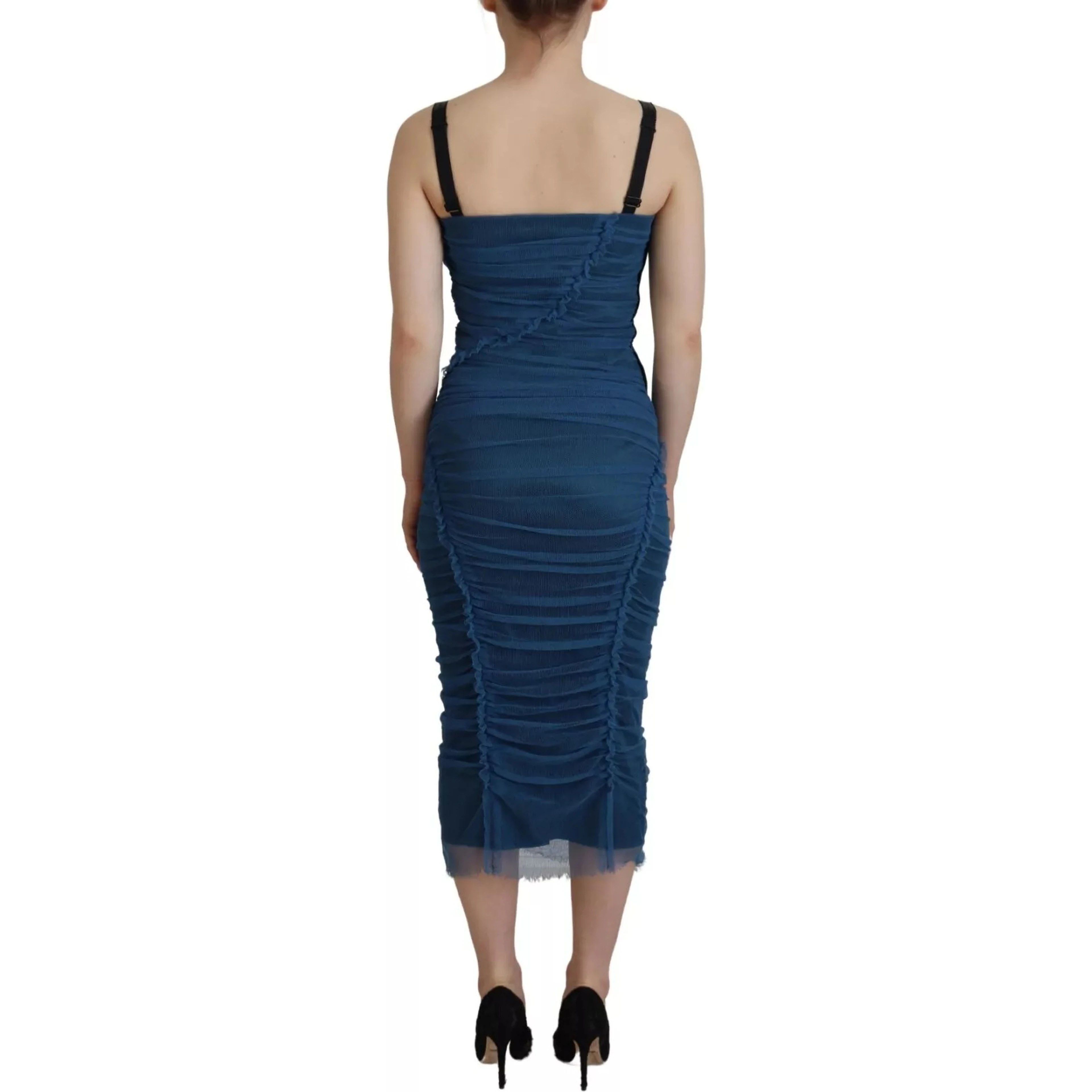 Blue Mesh Trim Ruched Tulle Sheath Dress