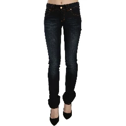Dark Blue Mid Waist Slim Fit Denim Casual Pants Jeans