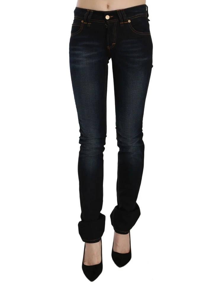 Dark Blue Mid Waist Slim Fit Denim Casual Pants Jeans alternative
