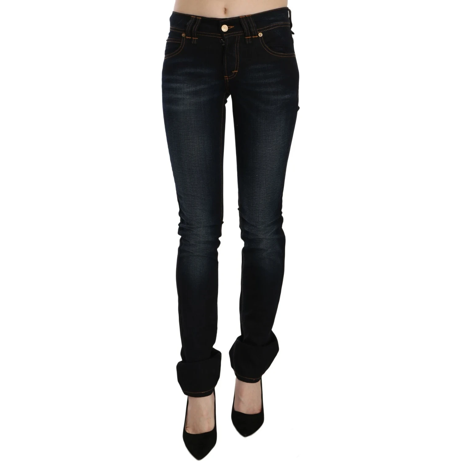Dark Blue Mid Waist Slim Fit Denim Casual Pants Jeans