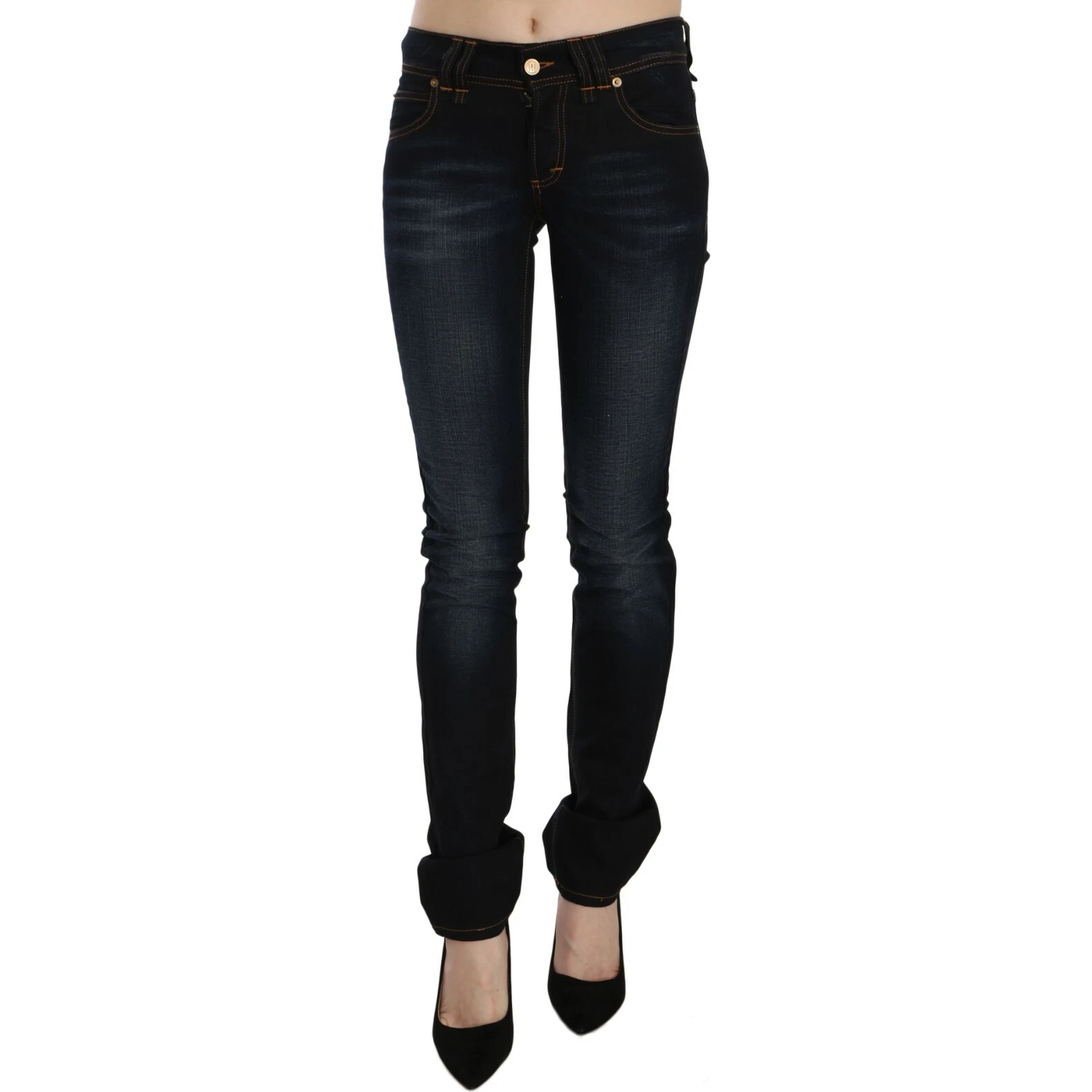 Dark Blue Mid Waist Slim Fit Denim Casual Pants Jeans