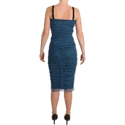Blue Mesh Trim Ruched Tulle Sheath Dress