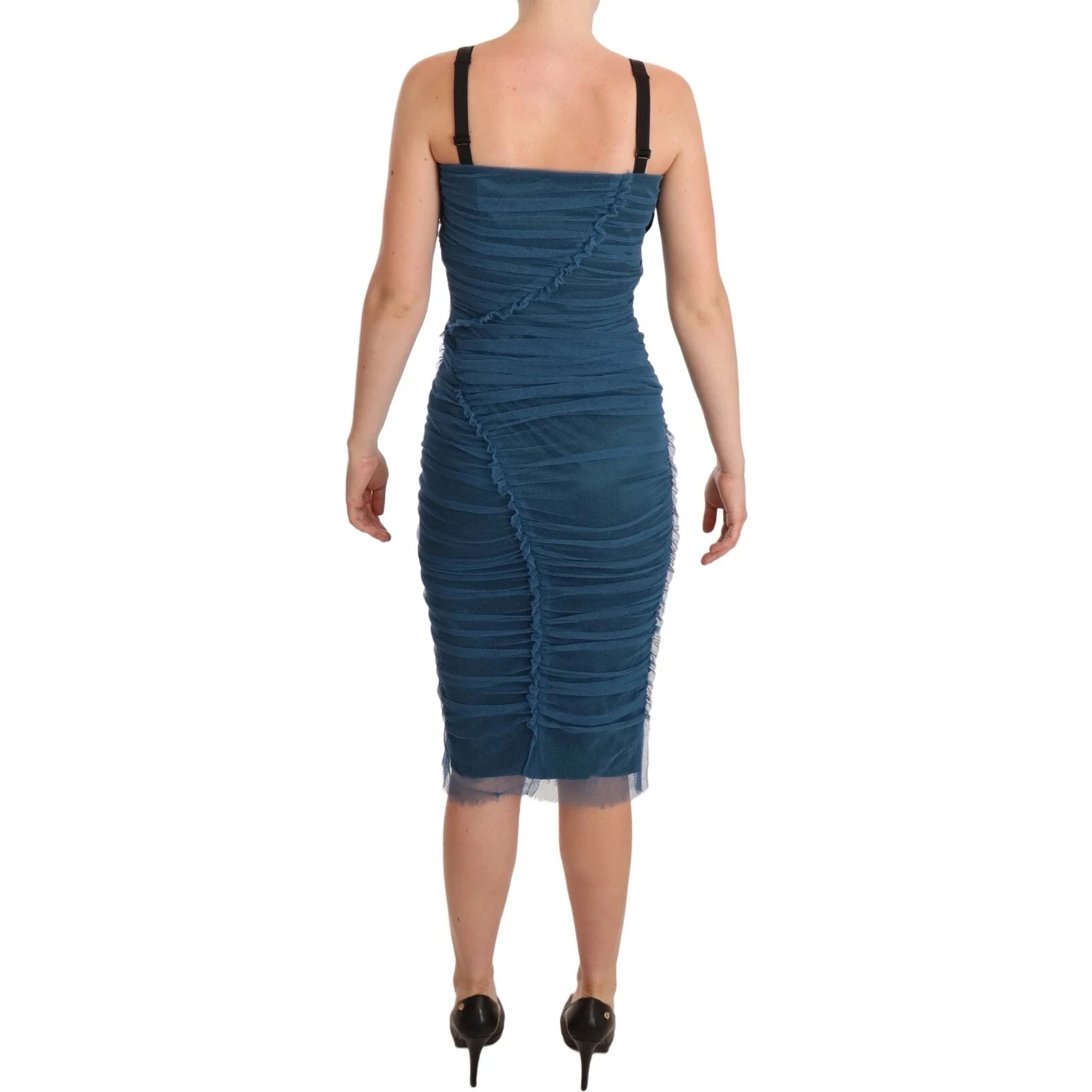 Blue Mesh Trim Ruched Tulle Sheath Dress