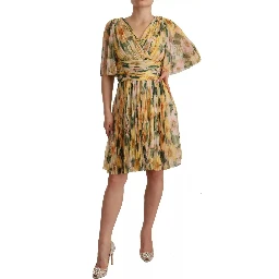 Yellow Floral Print Pleated Maxi Dress