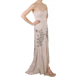 Beige Sequined Flower Flare Ball Gown Dress