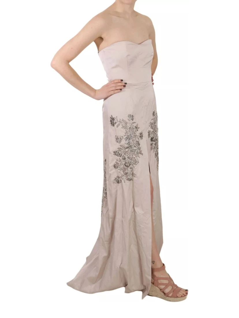 Beige Sequined Flower Flare Ball Gown Dress