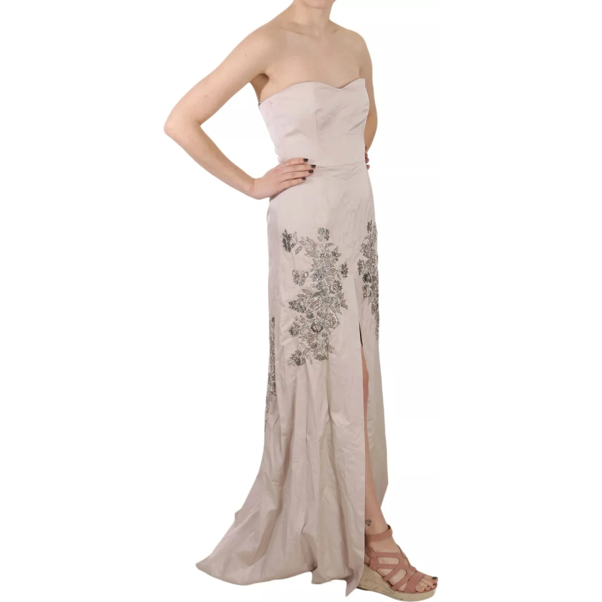 Beige Sequined Flower Flare Ball Gown Dress