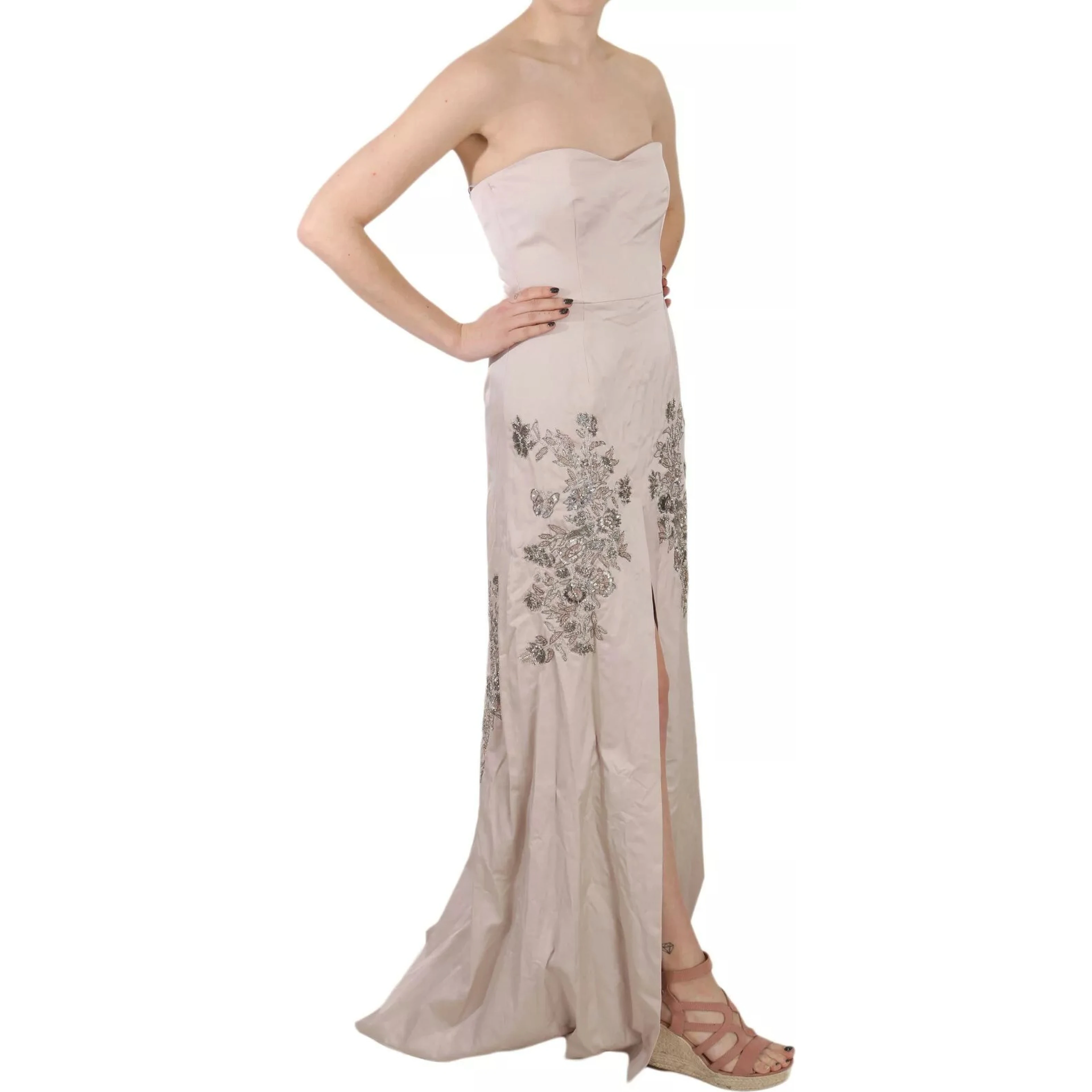 Beige Sequined Flower Flare Ball Gown Dress