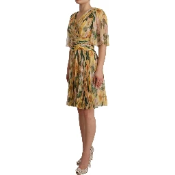 Yellow Floral Print Pleated Maxi Dress