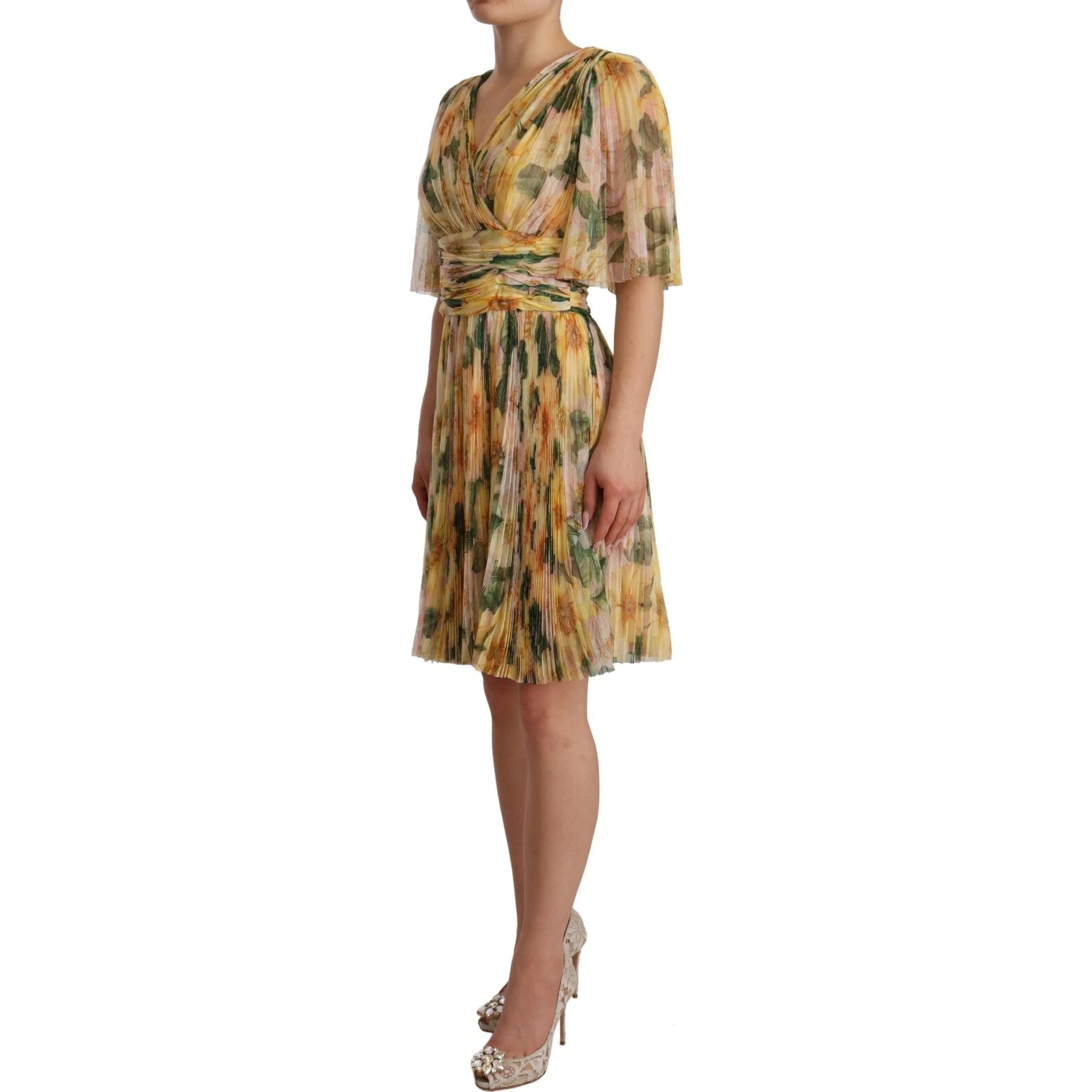 Yellow Floral Print Pleated Maxi Dress