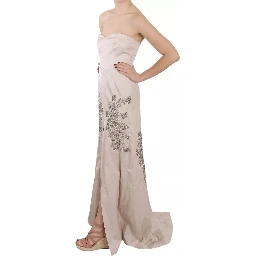 Beige Sequined Flower Flare Ball Gown Dress