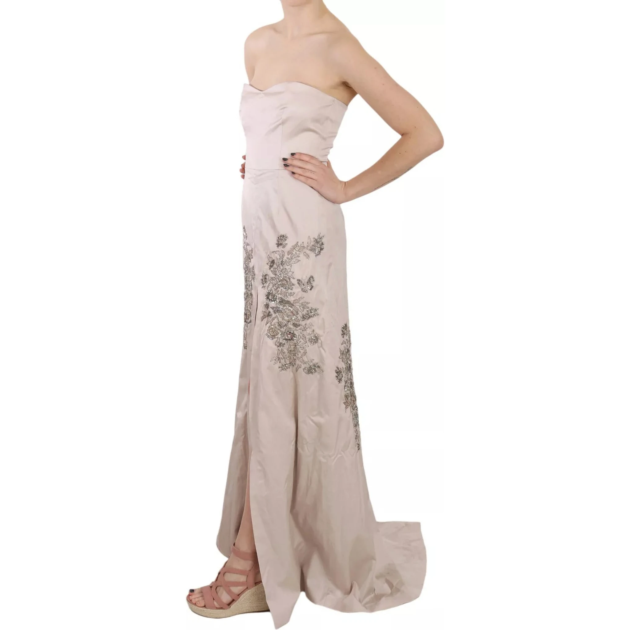 Beige Sequined Flower Flare Ball Gown Dress