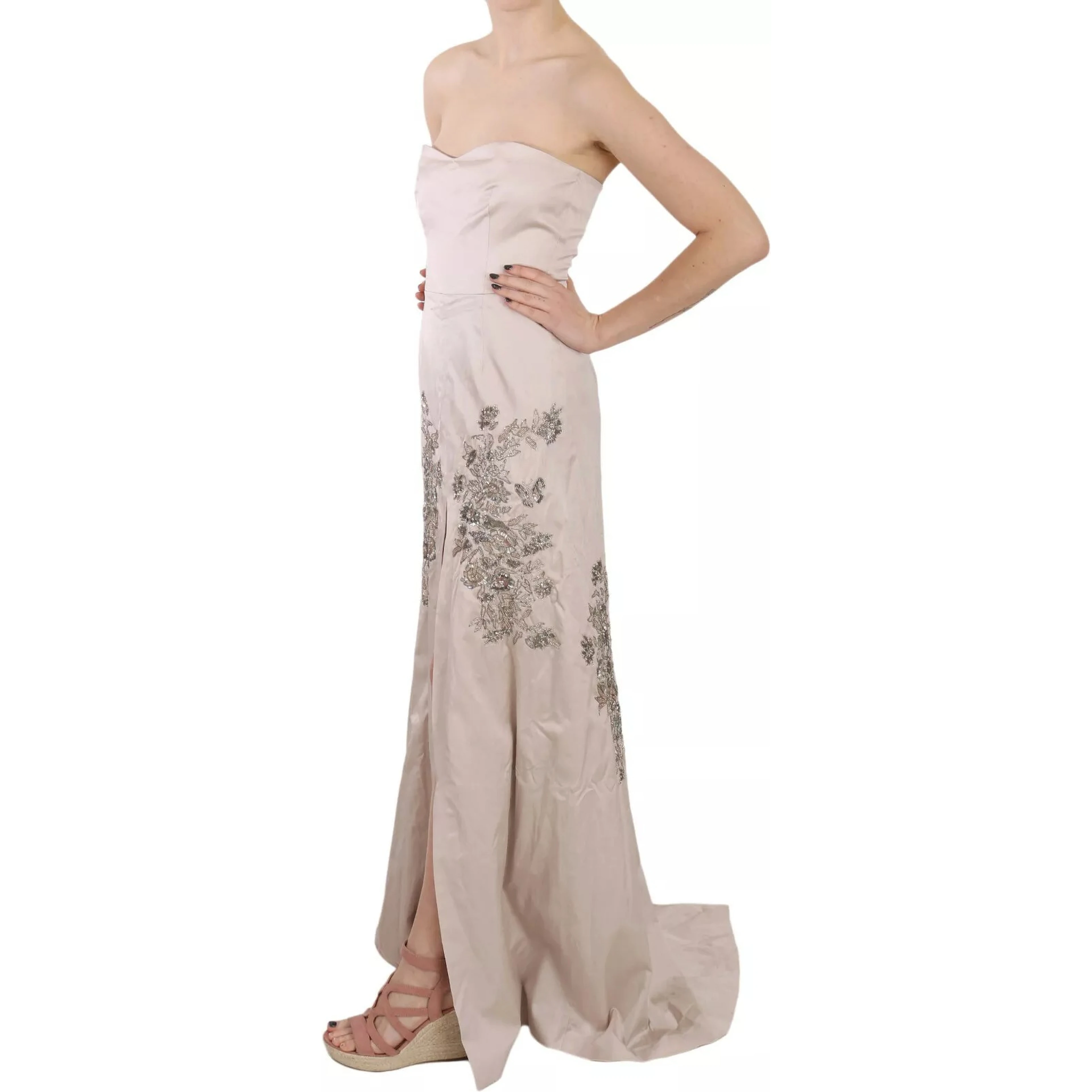 Beige Sequined Flower Flare Ball Gown Dress