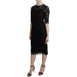 Black Floral Lace Sheath Knee Length Dress