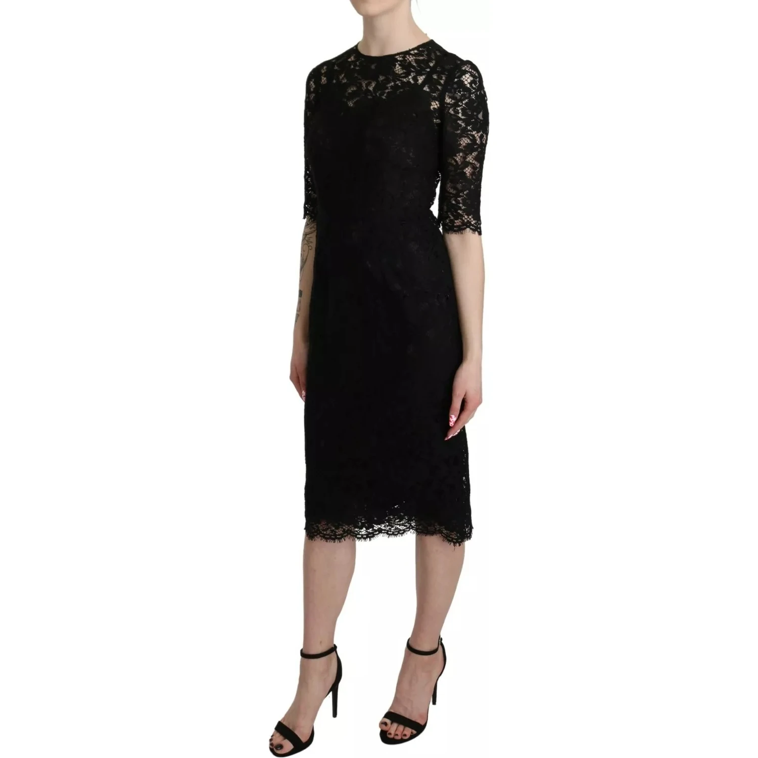 Black Floral Lace Sheath Knee Length Dress