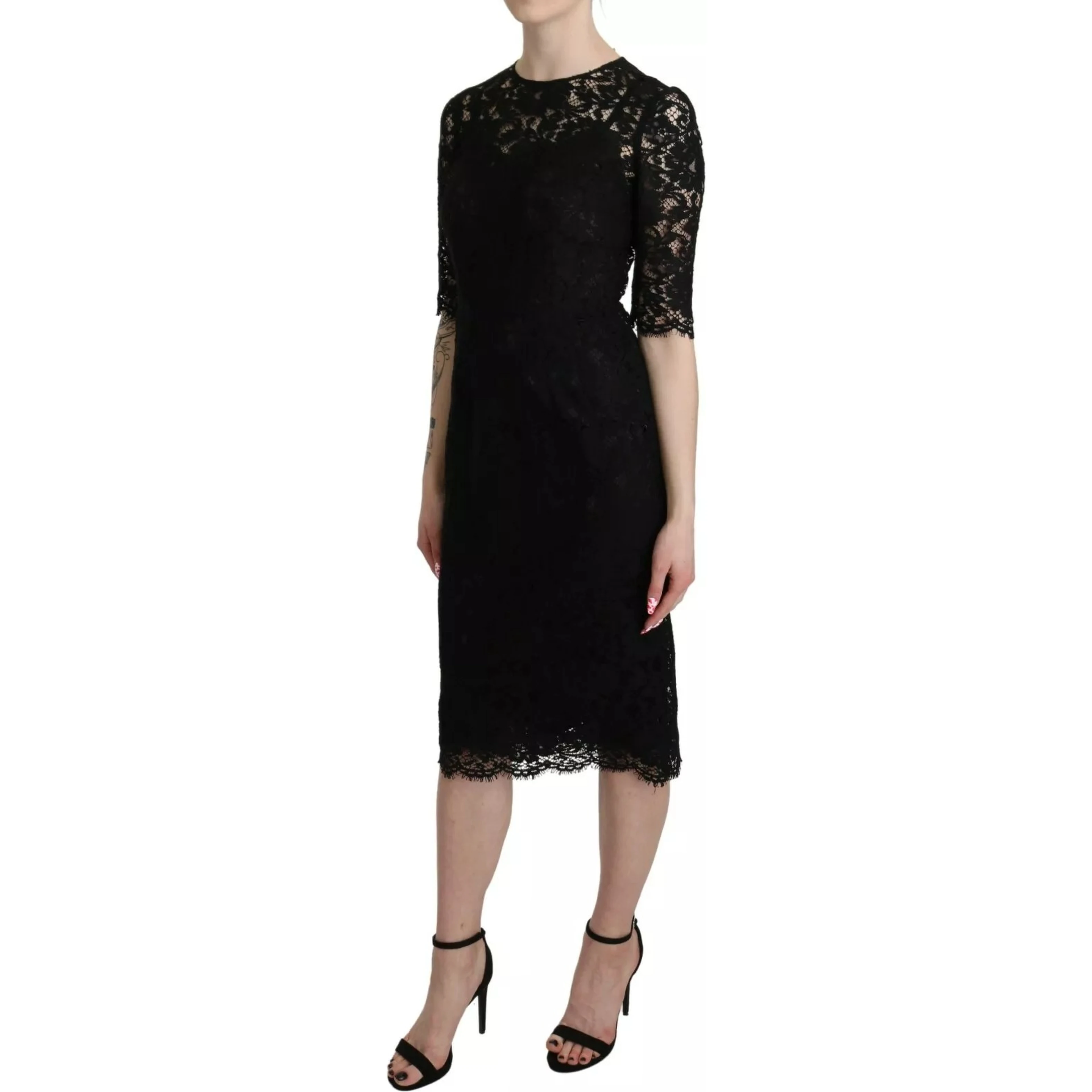 Black Floral Lace Sheath Knee Length Dress