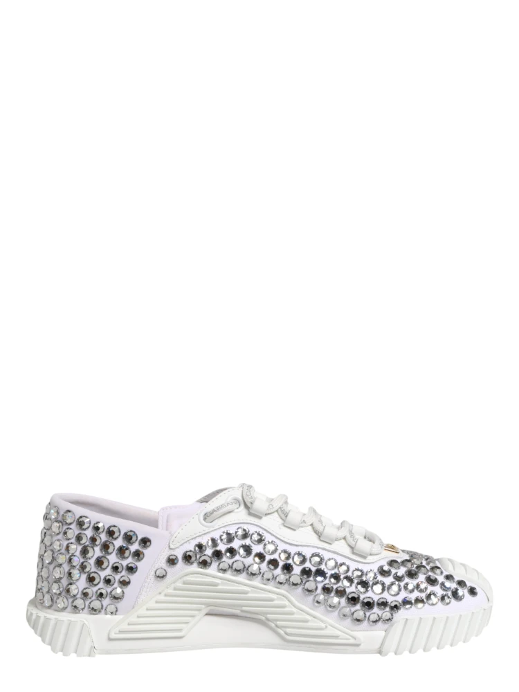White NS1 Canvas Leather Embellished Sneakers Shoes