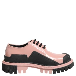 Light Powder Pink Black Leather Lace-Up Shoes