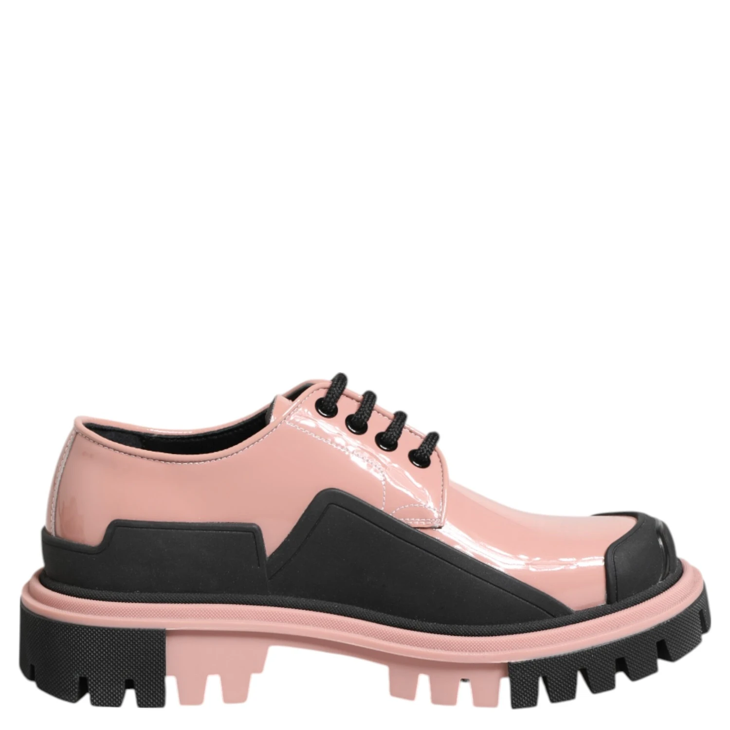 Light Powder Pink Black Leather Lace-Up Shoes