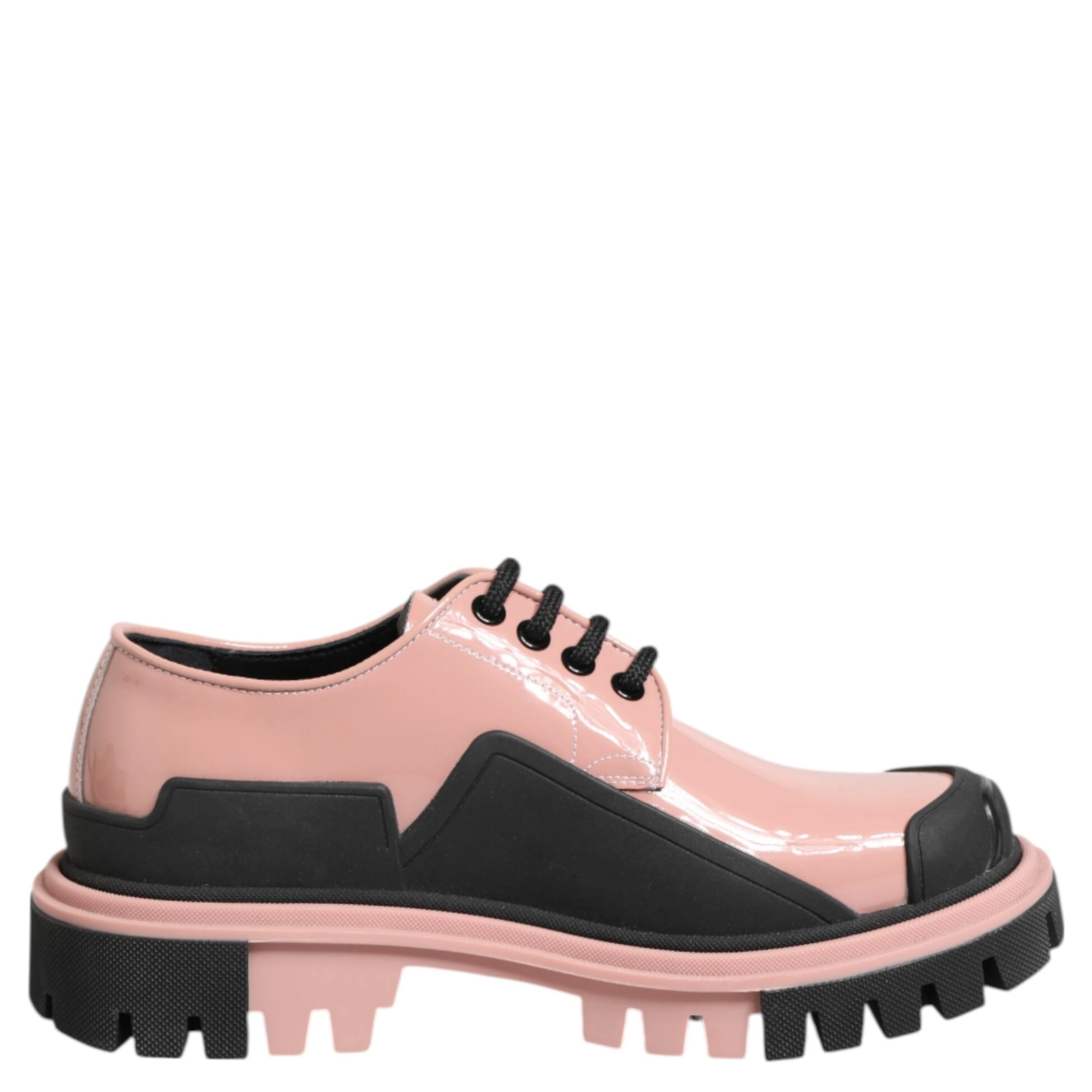 Light Powder Pink Black Leather Lace-Up Shoes