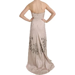 Beige Sequined Flower Flare Ball Gown Dress