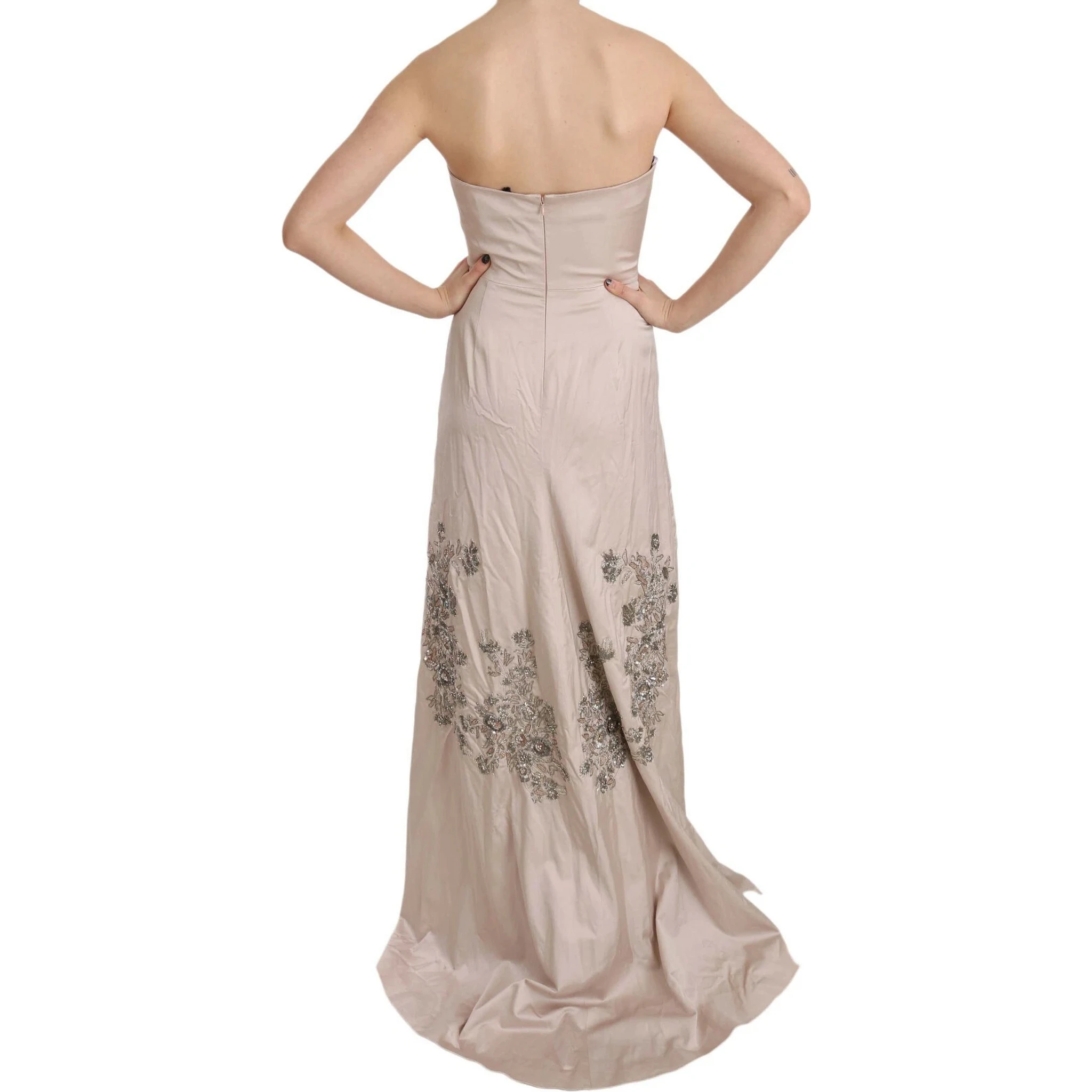 Beige Sequined Flower Flare Ball Gown Dress