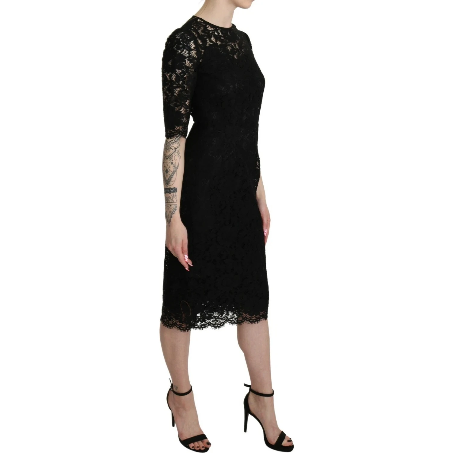 Black Floral Lace Sheath Knee Length Dress
