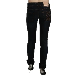 Dark Blue Mid Waist Slim Fit Denim Casual Pants Jeans