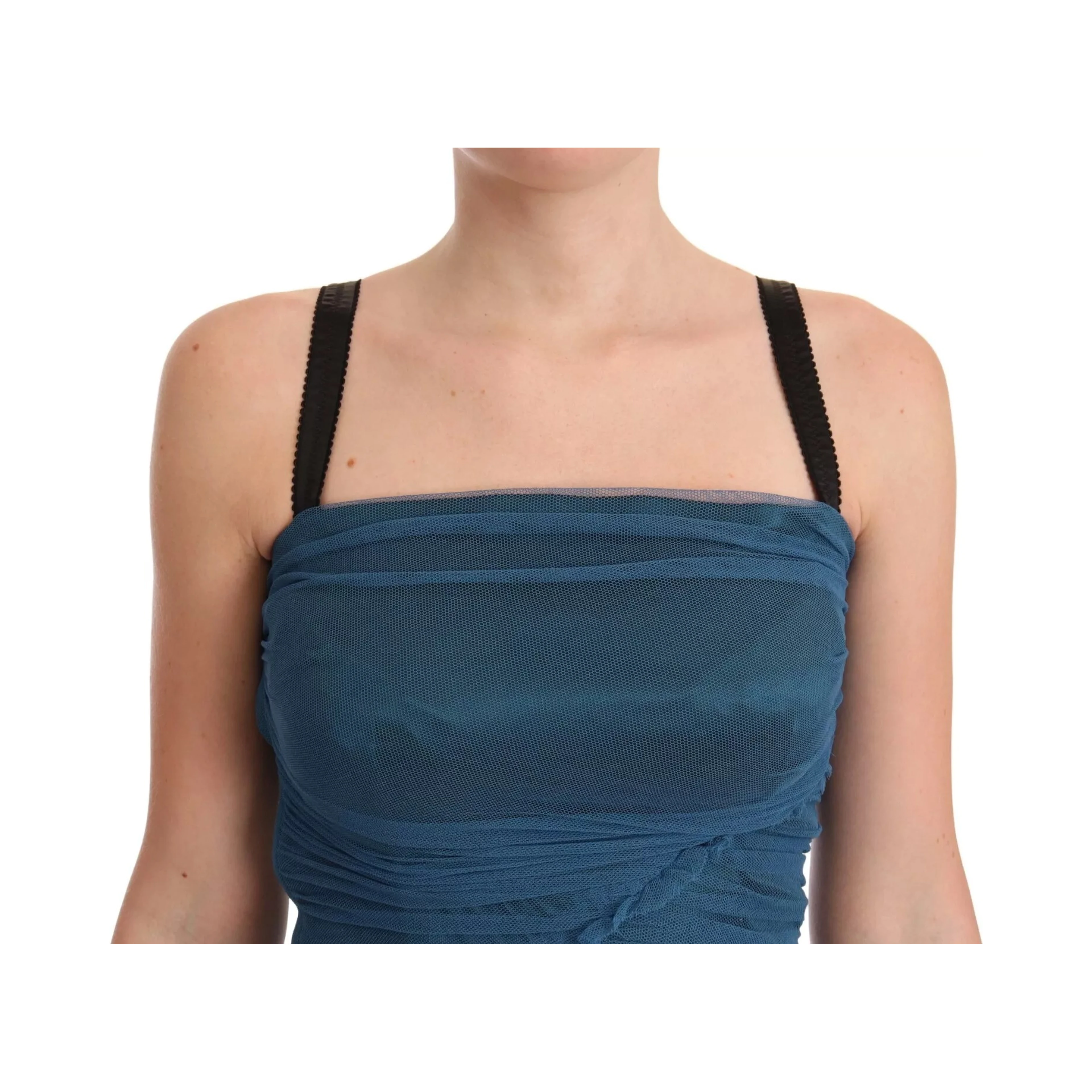 Blue Mesh Trim Ruched Tulle Sheath Dress