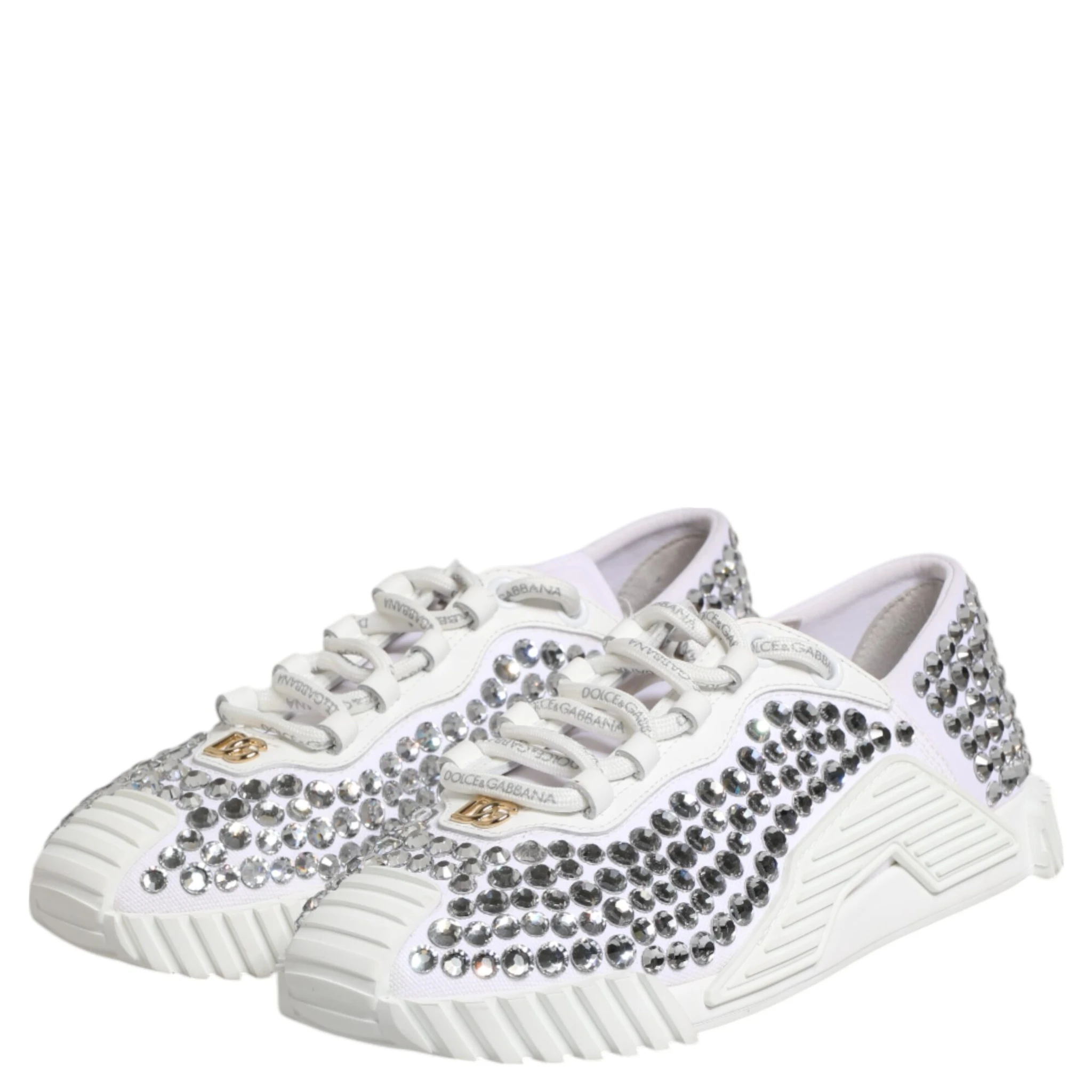 White NS1 Canvas Leather Embellished Sneakers Shoes