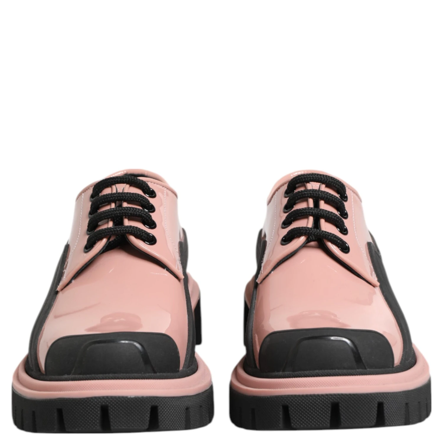 Light Powder Pink Black Leather Lace-Up Shoes