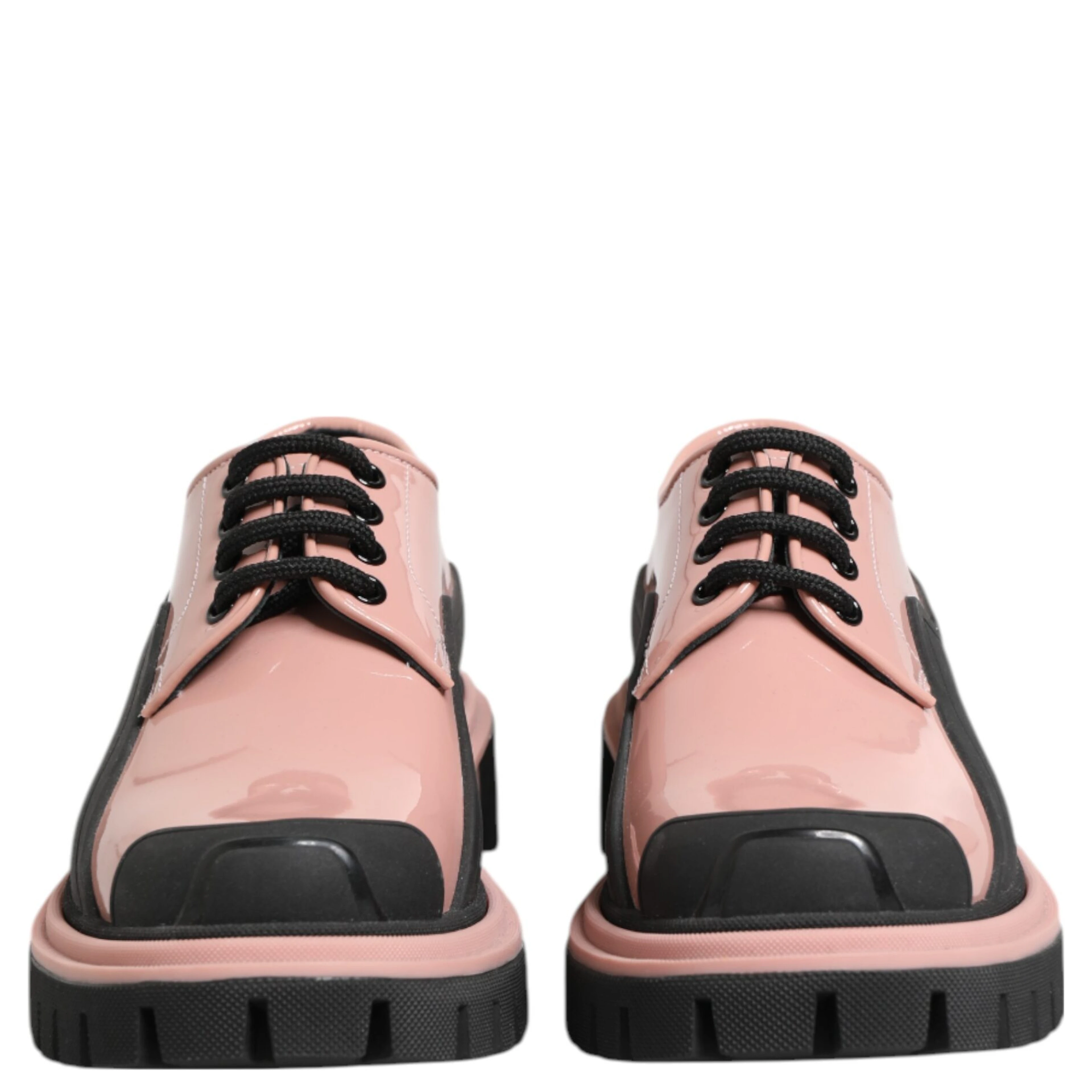 Light Powder Pink Black Leather Lace-Up Shoes