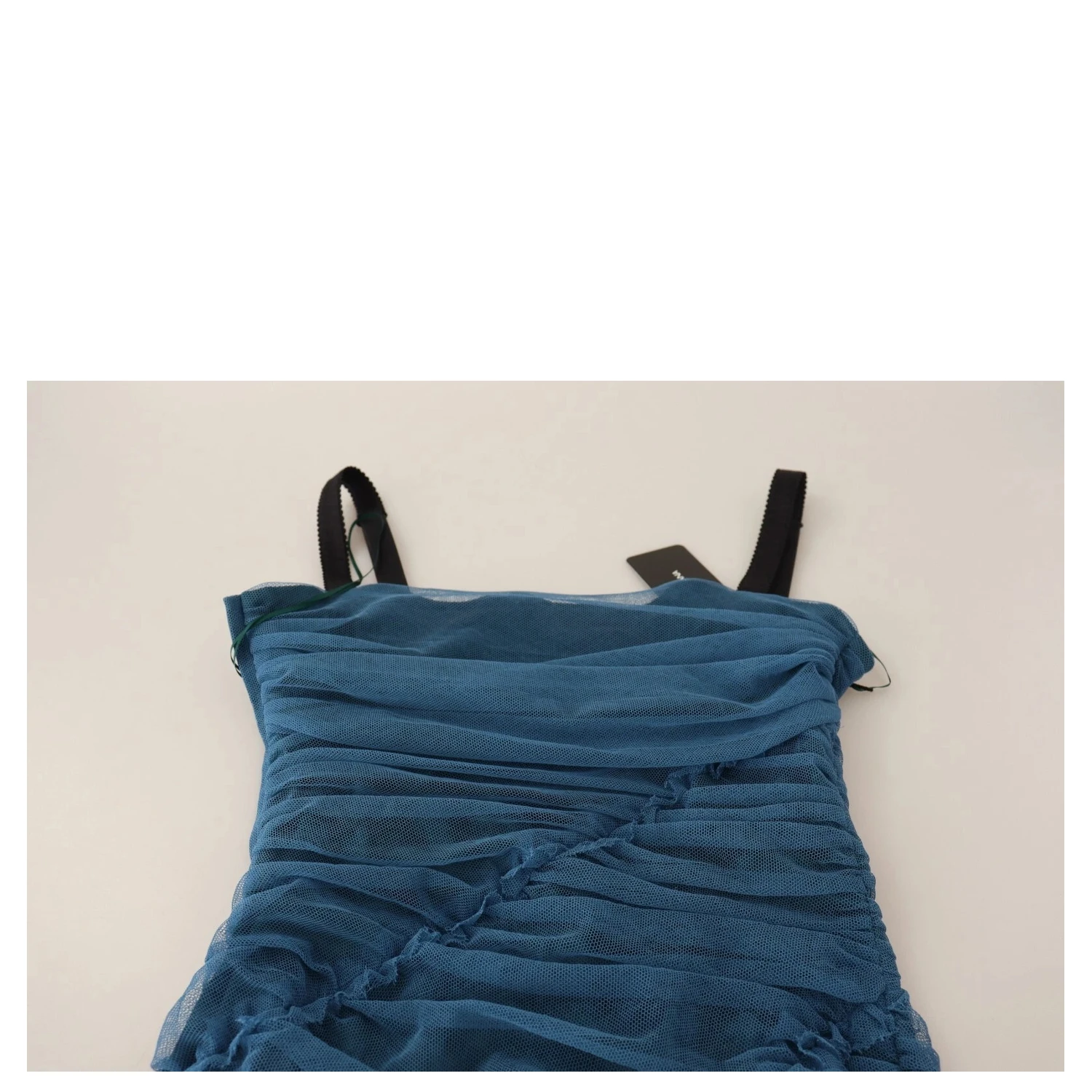 Blue Mesh Trim Ruched Tulle Sheath Dress