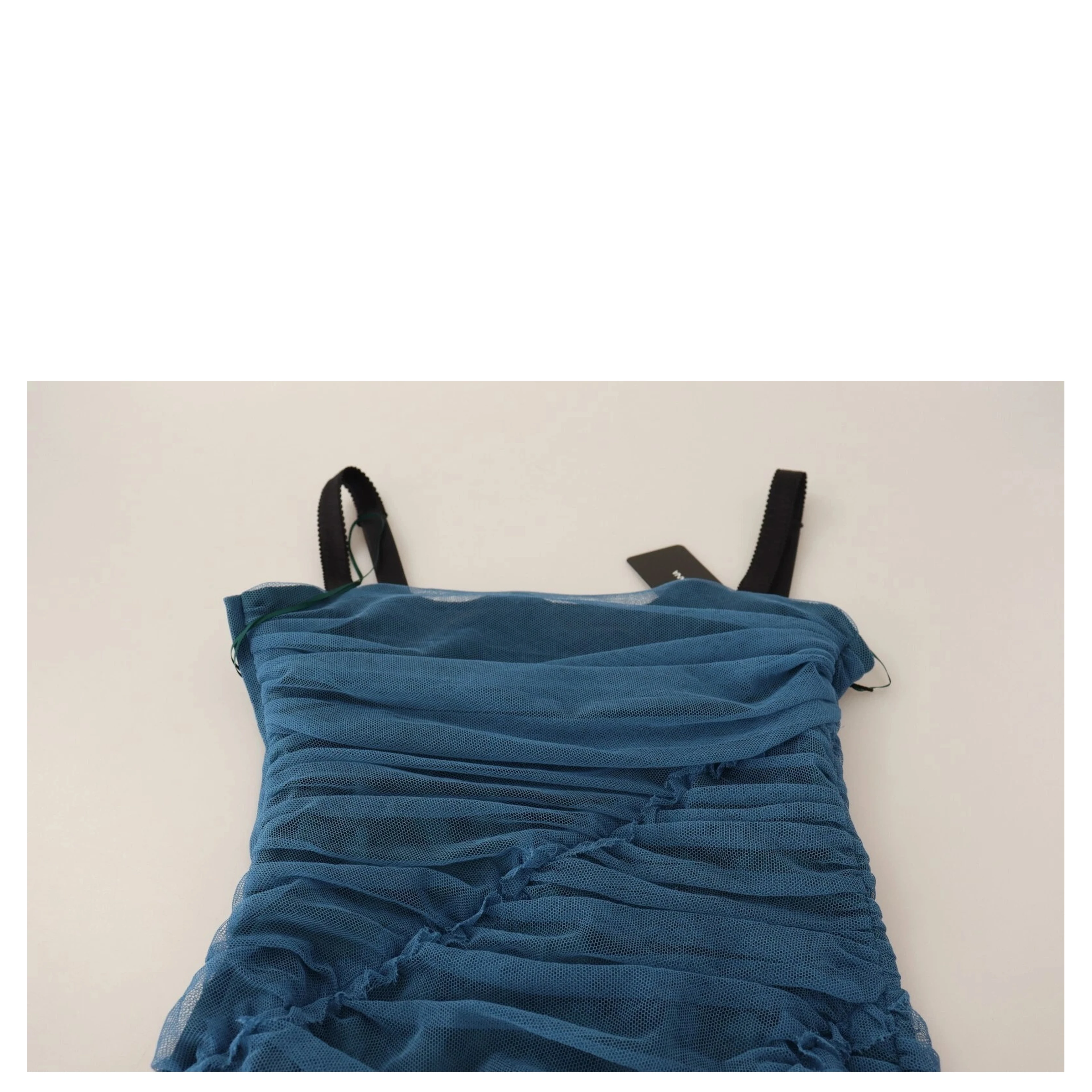 Blue Mesh Trim Ruched Tulle Sheath Dress