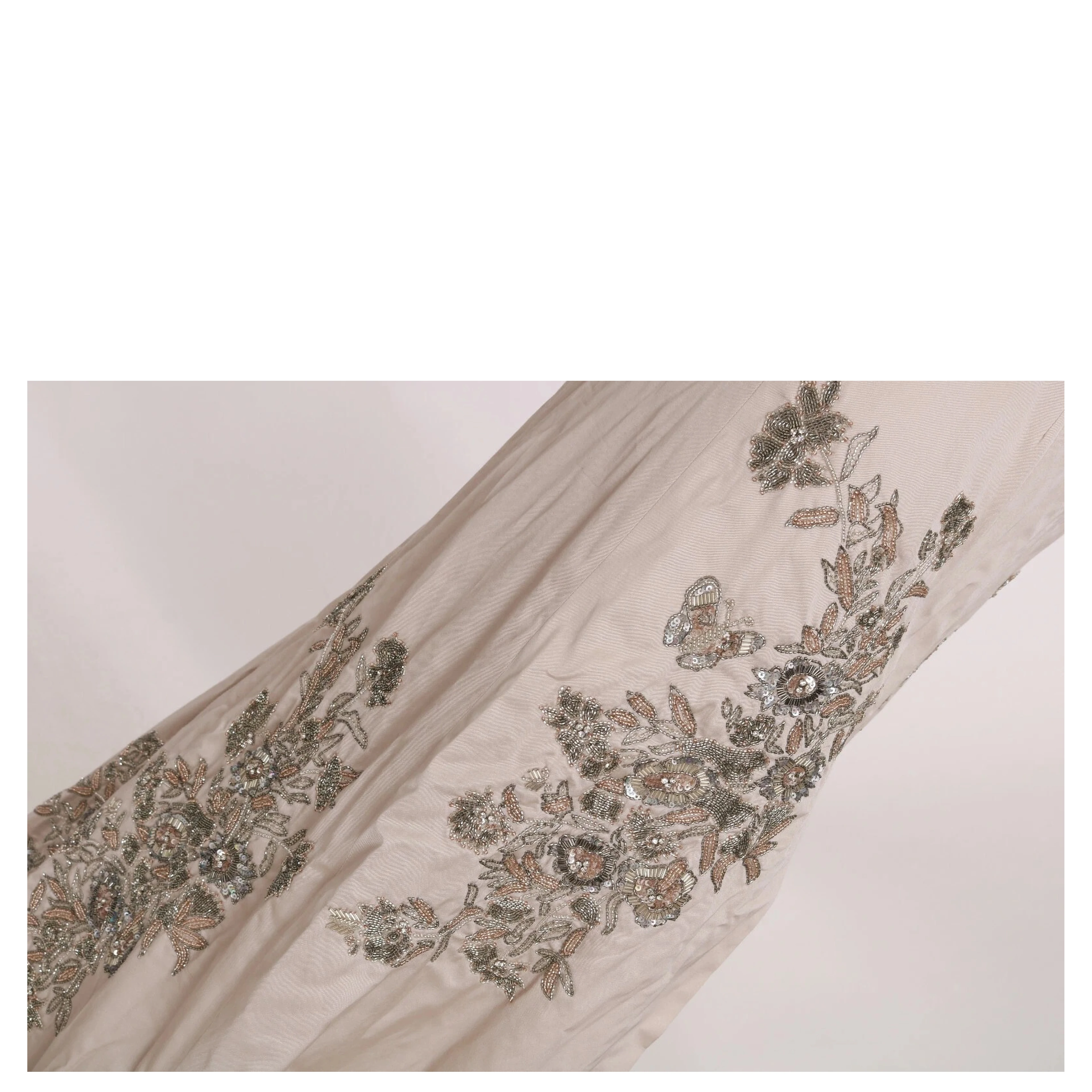 Beige Sequined Flower Flare Ball Gown Dress