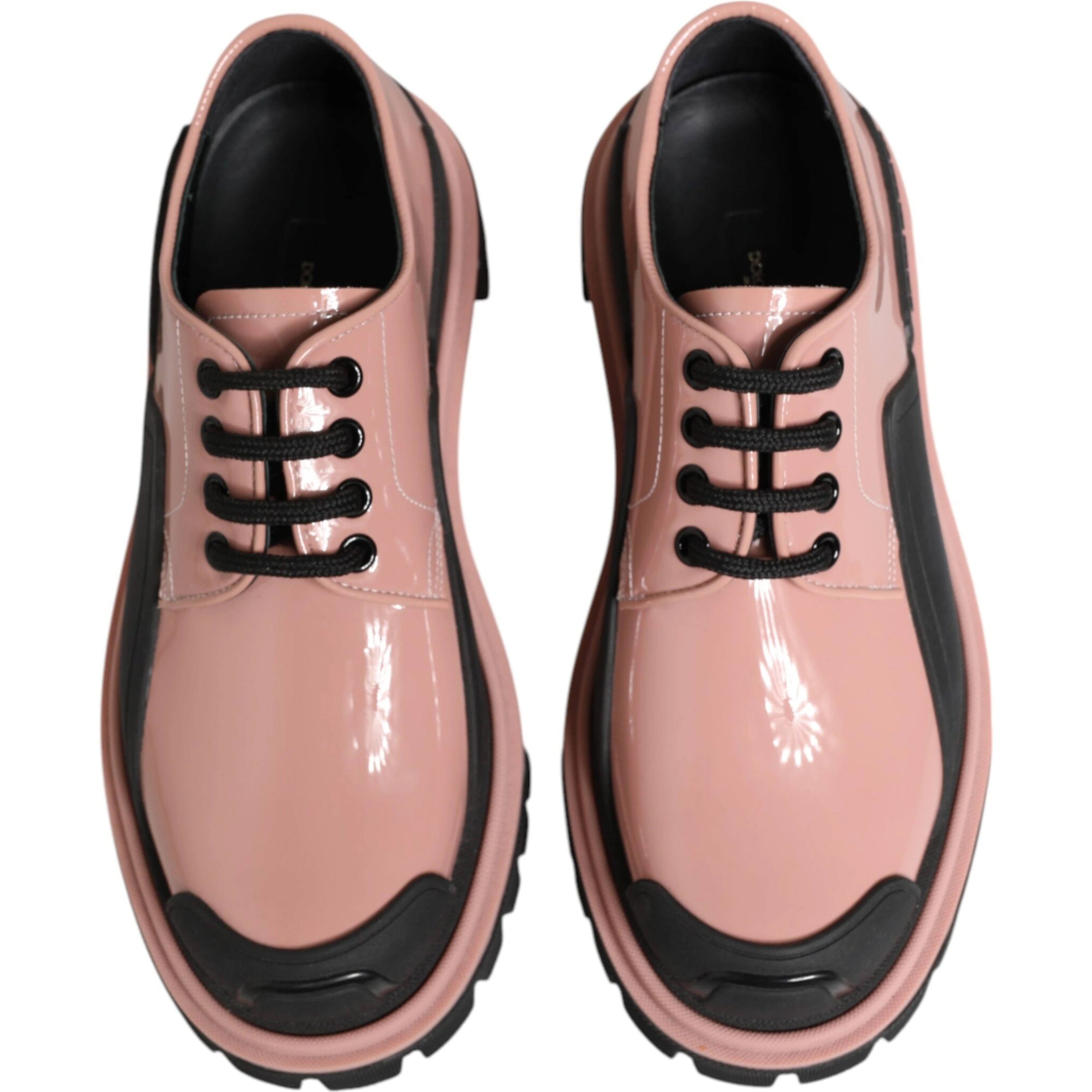 Light Powder Pink Black Leather Lace-Up Shoes