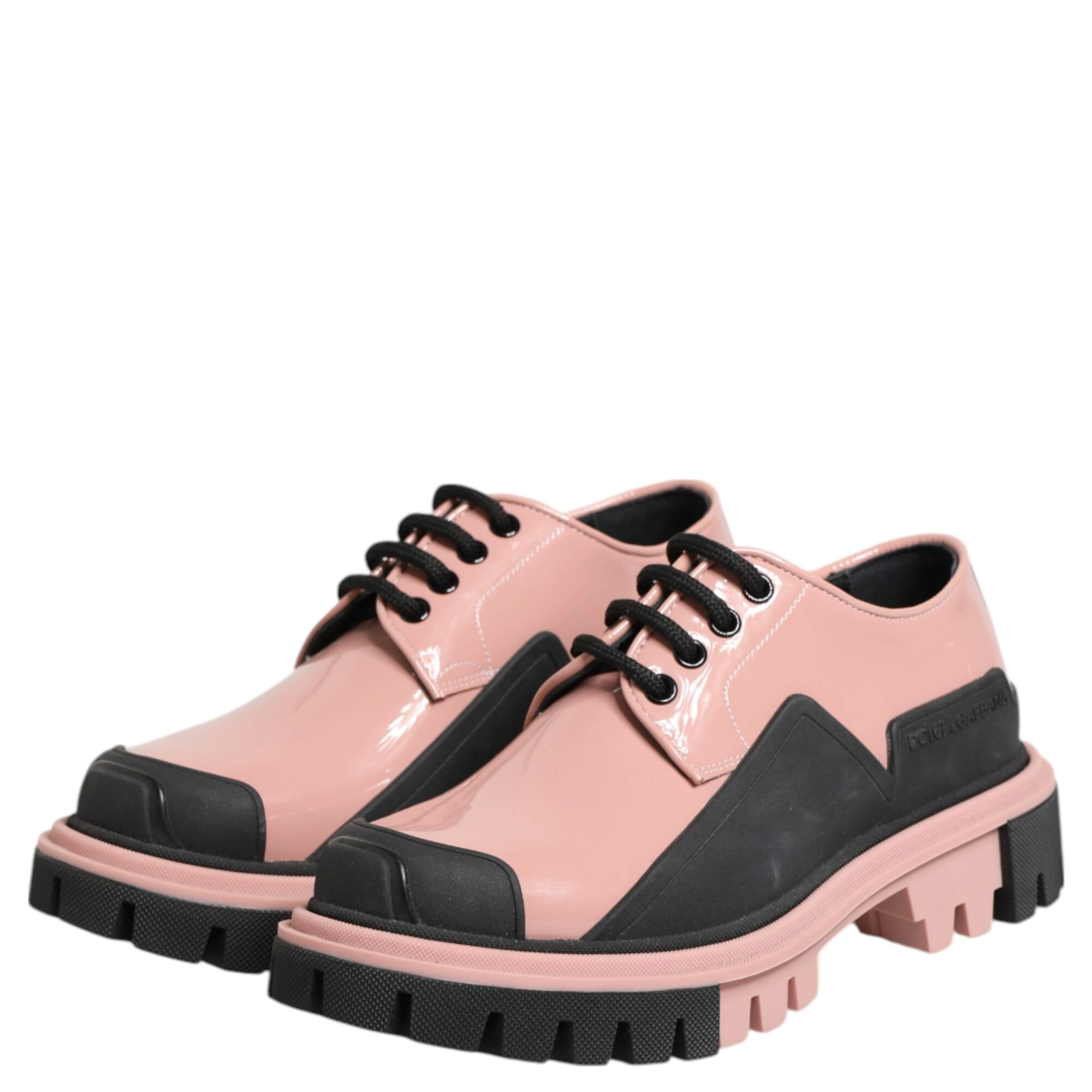 Light Powder Pink Black Leather Lace-Up Shoes
