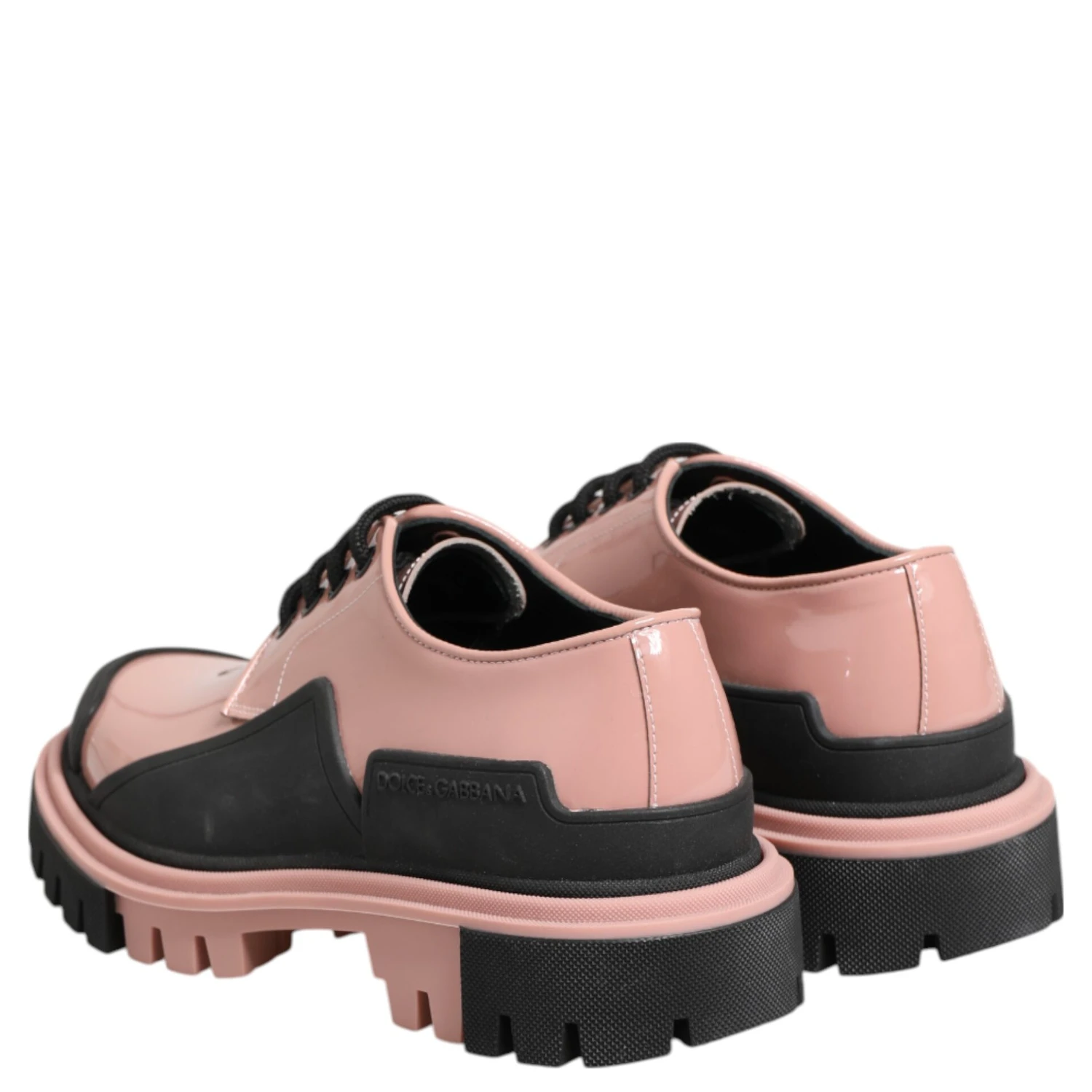 Light Powder Pink Black Leather Lace-Up Shoes