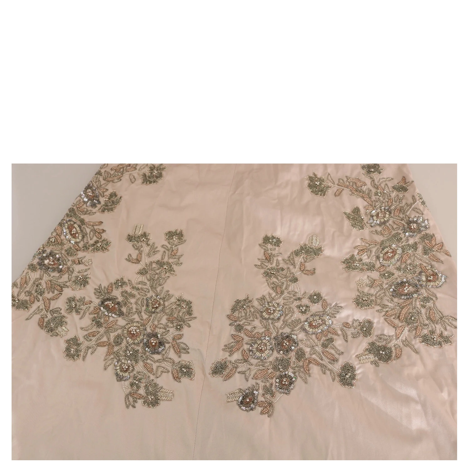 Beige Sequined Flower Flare Ball Gown Dress