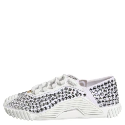 White NS1 Canvas Leather Embellished Sneakers Shoes
