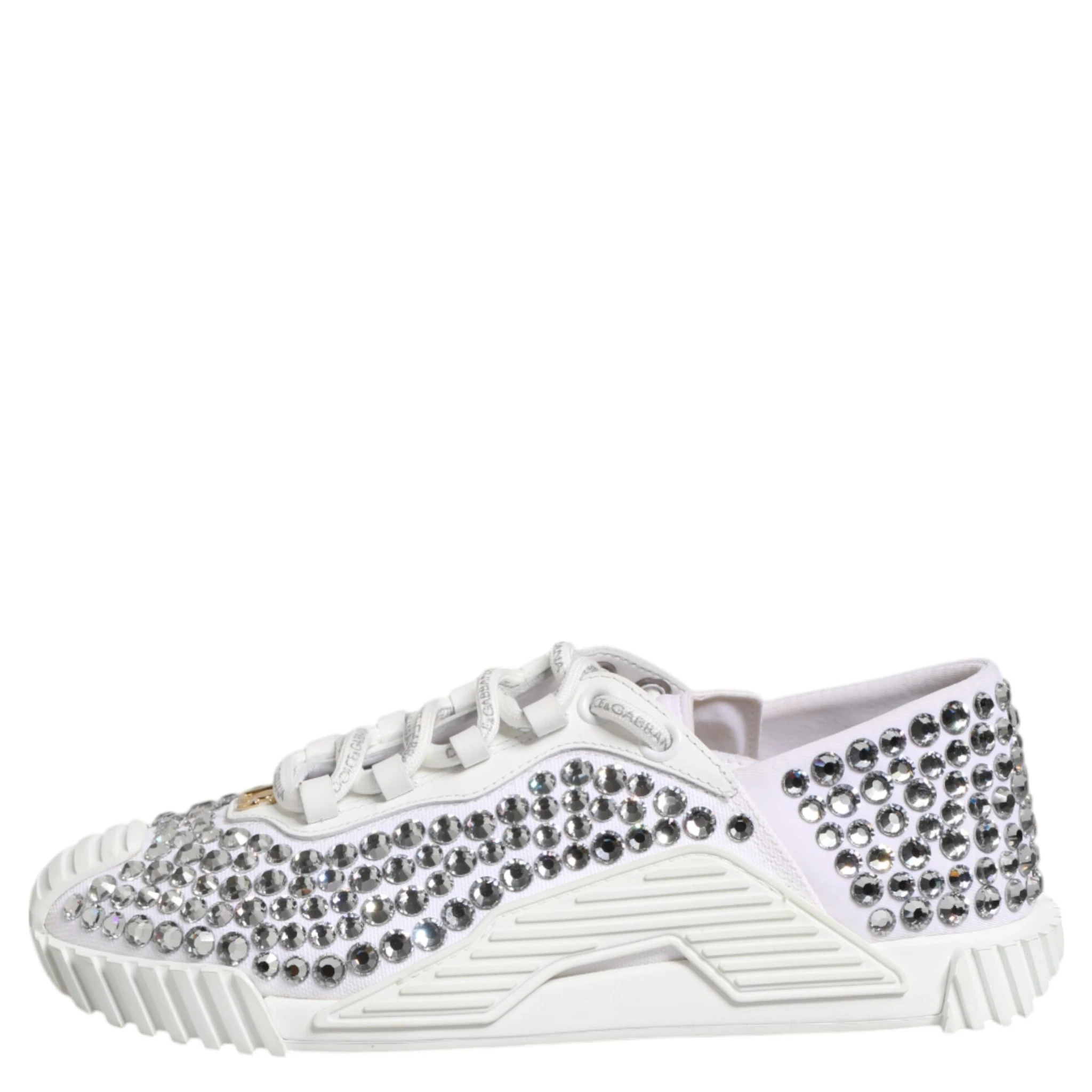 White NS1 Canvas Leather Embellished Sneakers Shoes