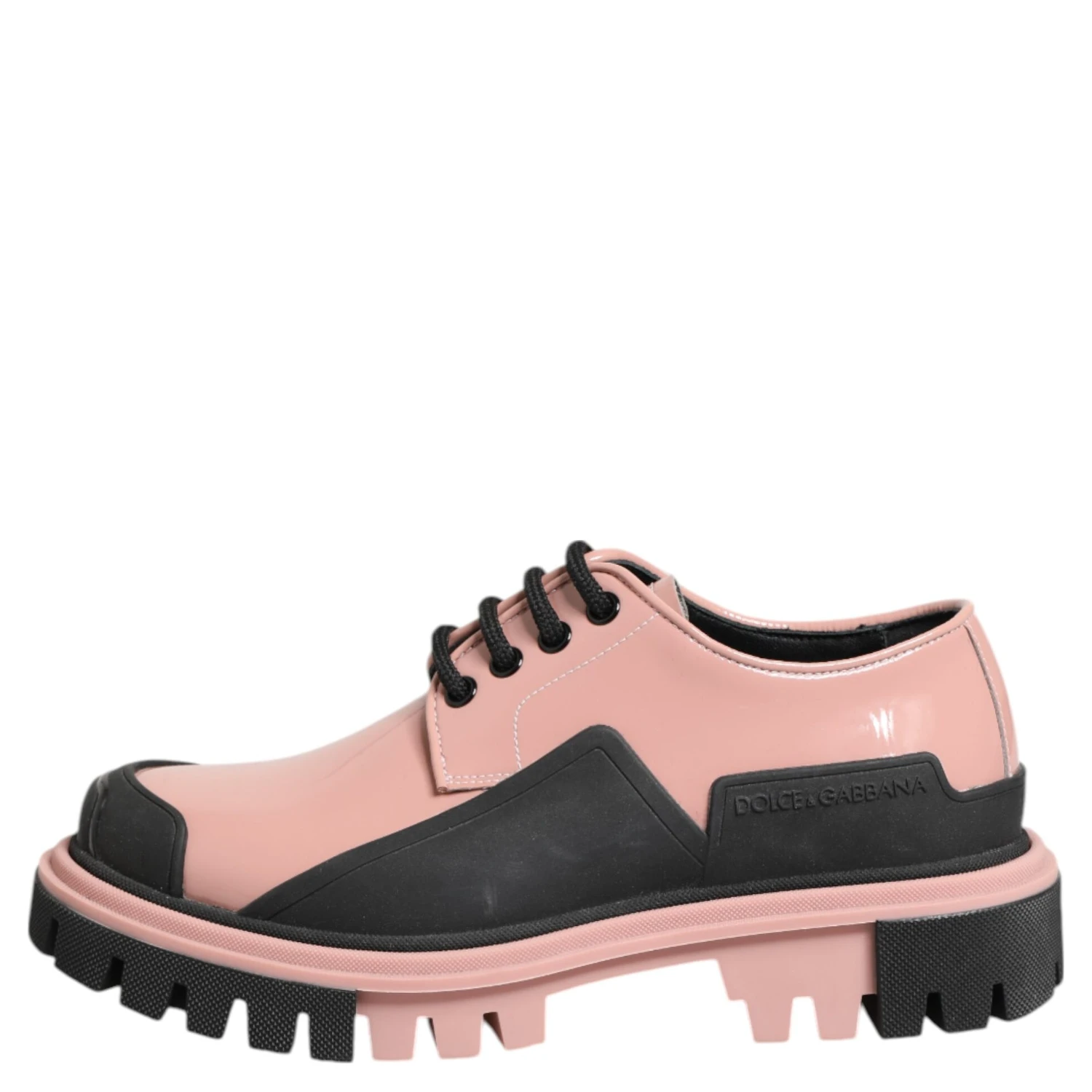 Light Powder Pink Black Leather Lace-Up Shoes