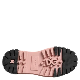 Light Powder Pink Black Leather Lace-Up Shoes
