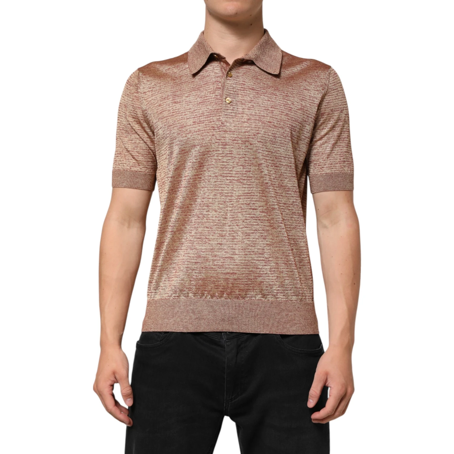 Brown Silk Textured Short Sleeve Polo T-shirt