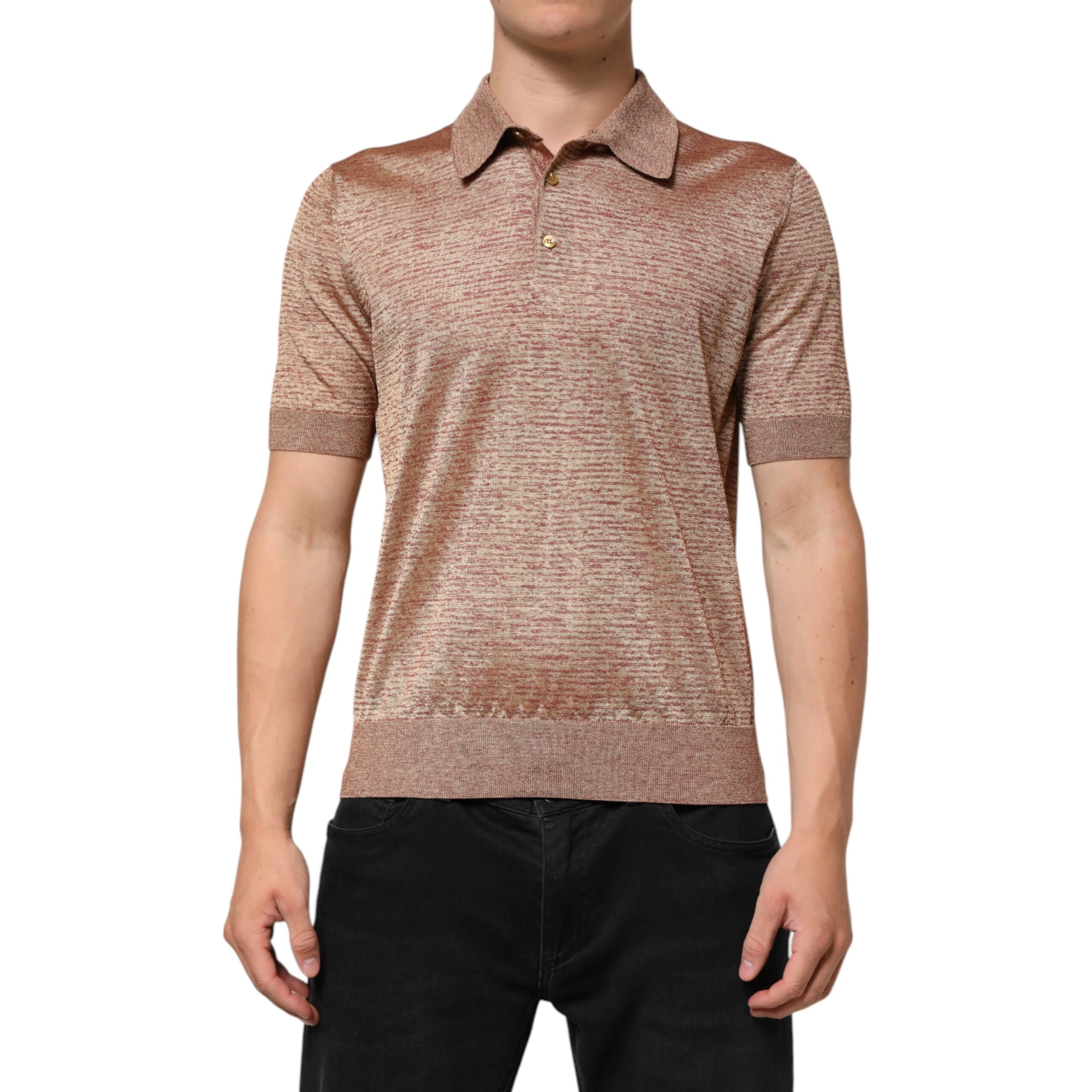 Brown Silk Textured Short Sleeve Polo T-shirt