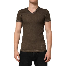 Dark Brown Cotton Tattered Logo Men T-shirt