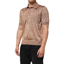 Brown Silk Textured Short Sleeve Polo T-shirt