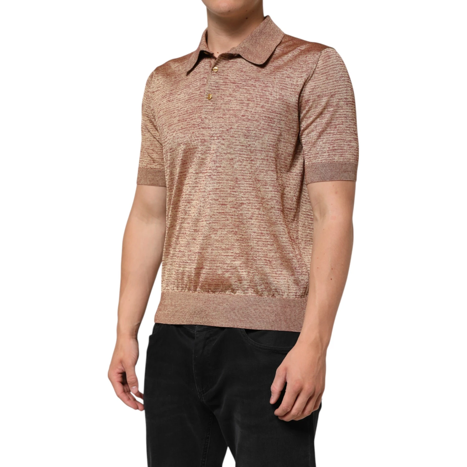 Brown Silk Textured Short Sleeve Polo T-shirt