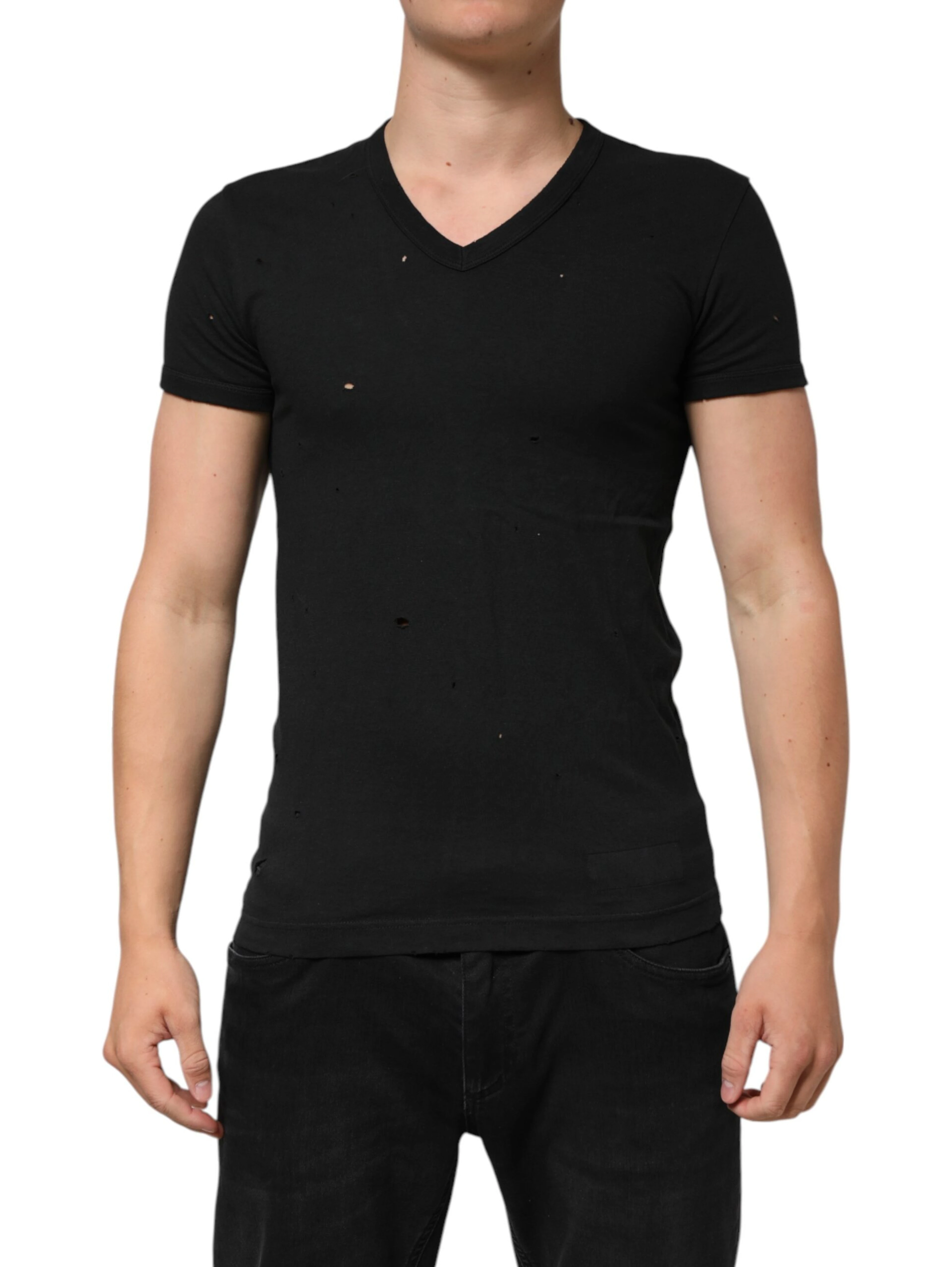 Black Cotton Tattered Logo V-Neck Men T-shirt