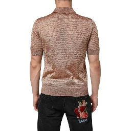 Brown Silk Textured Short Sleeve Polo T-shirt